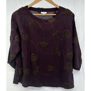 Pure Jill Women's Valley Embroidered Purple Brown Boho 3/4 Sleeve Top Small
